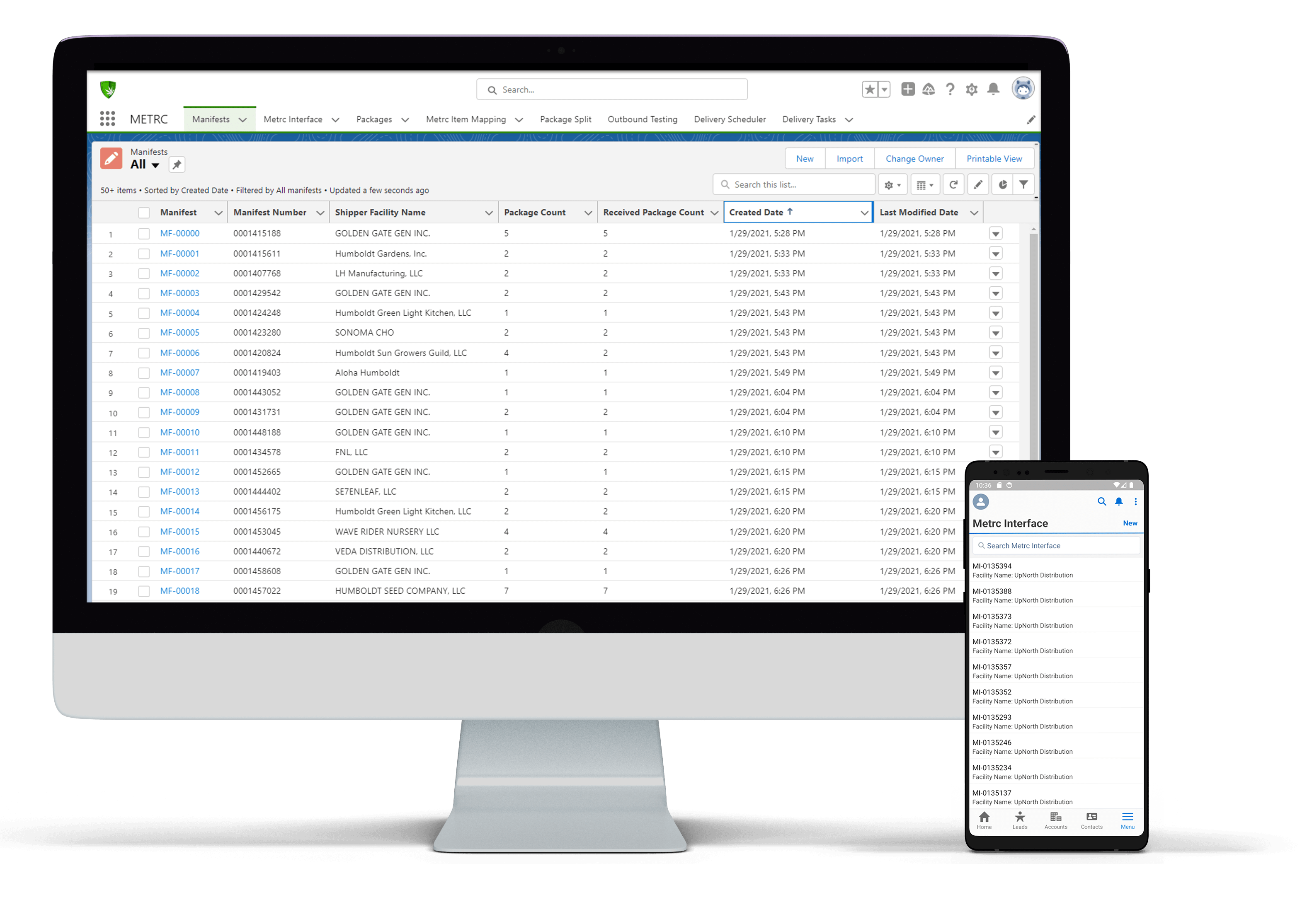 Metrc Monitor displaying the integration with Salesforce and METRC